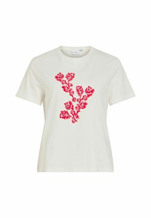 Witte katoenen T-shirt met een levendig rood bloemrijk borduurontwerp, korte mouwen en een klassieke ronde hals. Zachte textuur en een ontspannen pasvorm.