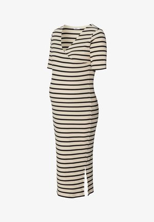 Umstandskleid mit kurzen Ärmeln, V-Ausschnitt und taillierter Silhouette. Cremefarbener Grund mit schwarzen horizontalen Streifen. Seitliche Schlitzdetails.
