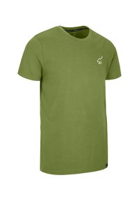 T-shirt di cotone verde oliva con scollatura rotonda, maniche corte e un piccolo logo bianco sul lato sinistro del petto. Tessuto morbido, vestibilità classica.