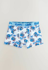 Blaue Boxershorts mit einem sich wiederholenden Muster von Sonic the Hedgehog auf einem hellblauen Hintergrund, mit einem blauen elastischen Bund, der mit "SONIC" beschriftet ist.