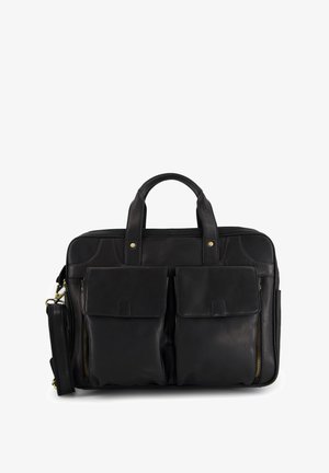 Sort læder aktetaske med to frontlommer, lynlåslukning, dobbelte top-håndtag, aftagelig skulderrem og hardware i guldfarve.