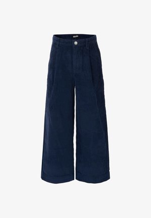 Donkerblauwe wijde corduroy broek met knoop- en ritssluiting en riemlussen, merklabel aan de binnenkant van de tailleband.