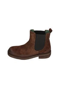 Braune Wildleder Chelsea-Stiefel mit elastischen Seitenpaneelen, runder Zehenpartie und strukturiertem Gummisohlen. Mit grünem Innenfutter und Zuglasche an der Ferse.