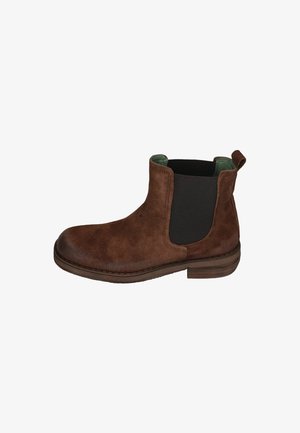 Braune Wildleder Chelsea-Stiefel mit elastischen Seitenpaneelen, runder Zehenpartie und strukturiertem Gummisohlen. Mit grünem Innenfutter und Zuglasche an der Ferse.