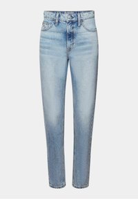 Jeans in denim azzurro chiaro con taglio dritto, caratterizzati da un'alta vita, chiusura frontale con bottone e zone sbiadite per un aspetto consumato.