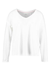 White long-sleeve t-shirt featuring a V-neck, soft fabric, relaxed fit, and subtle stitching detail on the collar.