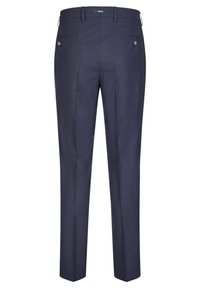 Navyblaue maßgeschneiderte Hose mit glatter Oberfläche, zwei seitlichen Taschen und einer hinteren Tasche mit Metallakzenten.