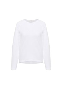 Weißes langärmliges Crew-Neck-Shirt mit Raglanärmeln, geradem Saum und subtilen TexturdDetails.