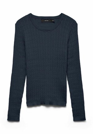 Tumši zils adīts džemperis ar garām piedurknēm, apaļu apkakli un teksturētu rakstu. Aprīkots ar ribu aprocēm un apakšmalu, lai piešķirtu pieguļošu izskatu.