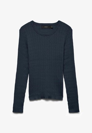 Mörkblå stickad tröja med långa ärmar, rund halsringning och texturerat mönster. Har ribbade muddar och fåll för en figurnära passform.