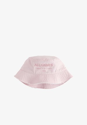Lichtroze katoenen buckethoed met gestikte rand en "ALLSAINTS LONDON" geborduurd aan de voorkant in bijpassend roze draad.