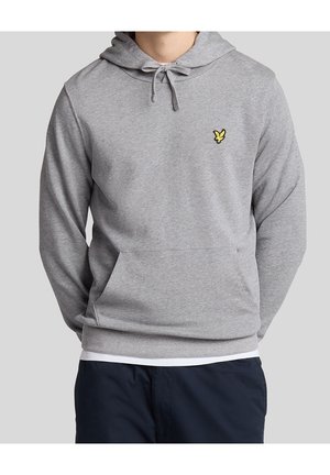 Grauer Sweatshirt mit einer Fronttasche, Kordelzugkapuze und einem kleinen gelben gestickten Logo auf der Brust. Weicher Stoff mit lässiger Passform.