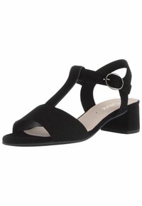 Sandalo in suede nero con design a T, punta aperta, cinturino alla caviglia regolabile con fibbia argentata e tacco basso a blocco.