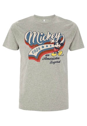 Šedé bavlněné tričko s grafikou "Mickey 1928, americká legenda". Má barevný design s červenými a modrými akcenty a ilustrací Mickeyho Mouse.