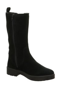 Zwarte suède kniehoge laars met een rits aan de zijkant, gestructureerd oppervlak en een duurzame rubberen zool. Heeft een strakke, gestroomlijnde vormgeving.