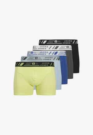 Cinq paires de boxers Jack & Jones dans différentes couleurs : jaune, bleu clair, bleu foncé, gris et noir. Chacune avec une ceinture élastique de marque.