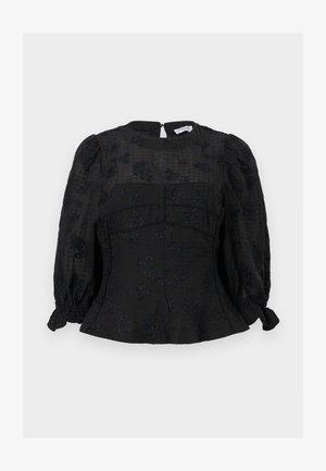 Čierna blúzka s dlhým rukávom s jemnými kvetinovými vzormi, nadýchanými ramenami, priliehavým pásom a zadným zipsom.