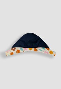 Dunkelblauer Kapuzenpullover mit einem floralen Fleece-Futter, ausgestattet mit Druckknöpfen zur Anpassung und einer abgerundeten Form für einen sicheren Sitz.