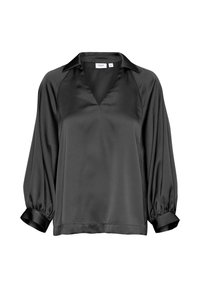 Black satin blouse with a V-neck, relaxed fit, and long puff sleeves. Features a smooth texture and rolled cuffs for detail.