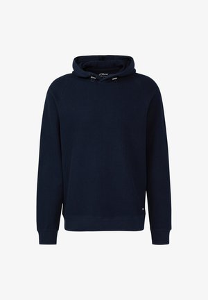 Felpa blu navy a coste con cappuccio, caratterizzata da coulisse, maniche lunghe e una vestibilità comoda. Texture morbida e etichetta del marchio discreta sull'orlo.