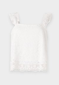 Vit blommig spetsblus med volang på axelbanden. Har delikata mönster och en scallopad nederkant för extra struktur. Lättviktsmaterial.