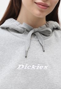 Felpa grigia con cappuccio regolabile. Presenta il logo "Dickies" ricamato in bianco, con tessuto testurizzato e dettagli metallici sui lacci.