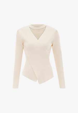 Krémový dlouhý rukáv top s jemně drženou texturou, véčkovým výstřihem a zavinovacím designem, s úzkými rukávy a štíhlou siluetou.