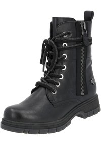 Bottine noire en synthétique avec une finition texturée, dotée d'un laçage à l'avant, d'une fermeture éclair sur le côté et d'une semelle en caoutchouc à motif pour une adhérence optimale.