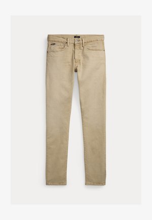 Beige denim-jeans med straight-leg design, der har frontlommer, en knap i taljen og diskrete syningsdetaljer.