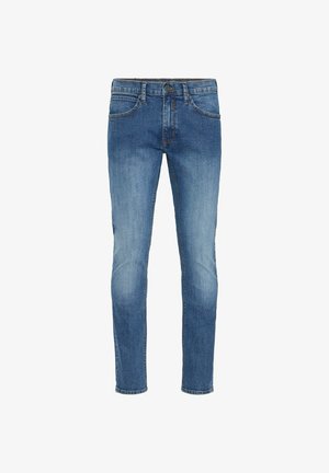 Jeans in denim blu con una vestibilità slim, cinque tasche e chiusura con bottone frontale. Presentano zone sbiadite e una gamba dritta.