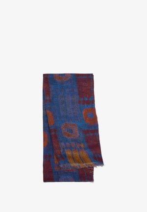 Wielokolorowy szalik z niebieskimi, pomarańczowymi i burgundowymi wzorami. Wykonany z miękkiego materiału z postrzępionymi krawędziami i abstrakcyjnymi okrągłymi wzorami.