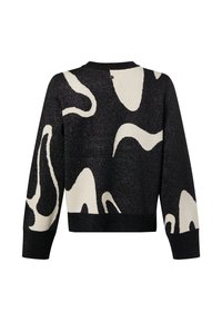 Pull noir avec motif abstrait crème, manches longues, encolure ronde et ourlet côtelé. Fabriqué en tissu tricoté texturé avec un léger éclat.