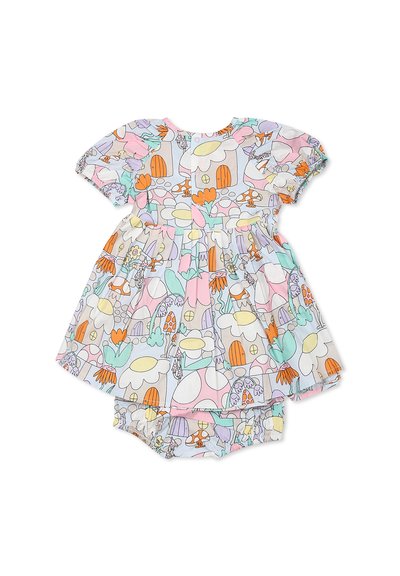 Abito in cotone a maniche corte con motivi floreali colorati e case fantasiose, scollatura rotonda e vita arricciata, abbinato a mutandine coordinate.