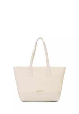 Borsa tote beige Valentino con doppie spalline, corpo in tessuto strutturato, base liscia e piccolo logo dorato centrato vicino al fondo.