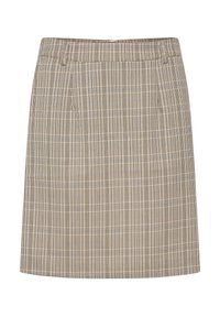 Rutet nederdel med en tætsiddende talje, der har lodrette og vandrette linjer i beige og brun, lavet af et let stof.