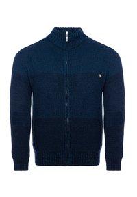 Dunkelblauer Strick-Reißverschluss-Pullover für Männer. Mit hohem Kragen, gerippten Bündchen und vorderen Taschen mit strukturierten Mustern. Silberne Reisverschlussdetails.