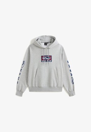 Šedá mikina s kapucí vyrobená z bavlněné směsi. Má přední kapsu, tkaničku na kapuci a grafické logo na hrudi a rukávu v tmavě modré barvě.