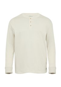 Crème lange mouwen shirt van zachte stof, met een ronde hals, een drie-knoopsluiting en geribde manchetten. Geen zichtbare patronen.