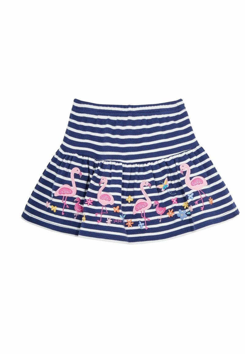 Jupe rayée bleu marine et blanche avec des flamants roses brodés, de petites fleurs et des papillons le long de l'ourlet.