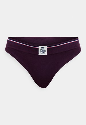 Bikini de algodón morado con una cinturilla ancha que presenta rayas azules y rojas. Etiqueta de tela blanca con un logo centrado en la parte delantera.