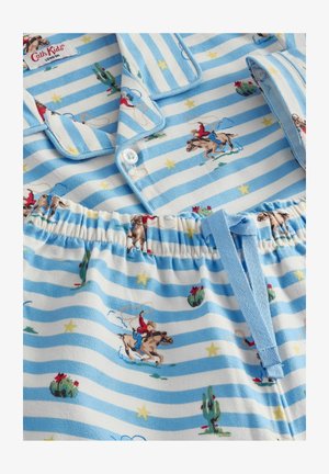 Sinine pidžaama komplekt valgete triipudega, mis sisaldab kauboide ja kaktuste mustreid. Pehme kangas, nuppudega särk ja reguleeritava vöökohaga.