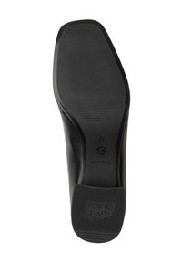 Black rubber shoe sole with a textured surface, featuring a slight heel and brand imprint. The design is smooth with rounded edges.