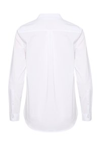 Weißes Langarm-Hemd mit Knopfleiste, klassischem Kragen, Rückenpasse und abgerundetem Saum. Hergestellt aus glattem, leichtem Stoff.