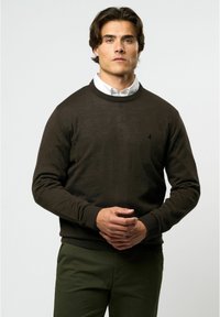 Temno rjava pletena jopica s krožnim izrezom in rebrastimi manšetami, nošena čez belo srajco s ovratnikom. Ima majhen logotip na prsih.