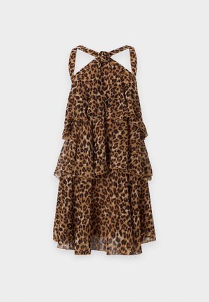 Leopardų rašto suknelė su kaklo surišimu ir mazgu nugaroje. Yra trys raukšlėtos pakopos ir permatoma, lengva medžiaga. Ruda ir smėlio spalvų derinys.