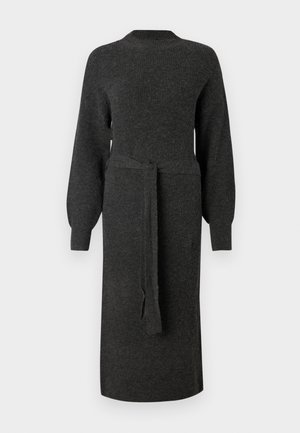 Dunkelgraues Strickkleid mit langen Puffärmeln und einem passenden Gürtel in der Taille. Gerader Schnitt und Rundhalsausschnitt.