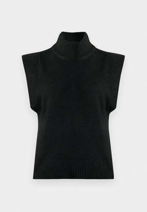 Černý pletený bezrukávový svetr s rolákem a žebrovaným límcem, průramky a lemem na jednobarevném pozadí.