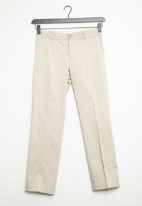 Vaaleat puuvillahousut suoran leikkauksen, joissa on vyötärö vyölenkeillä ja kaksi etutaskua. Kaksi napp closure vyötäisellä.