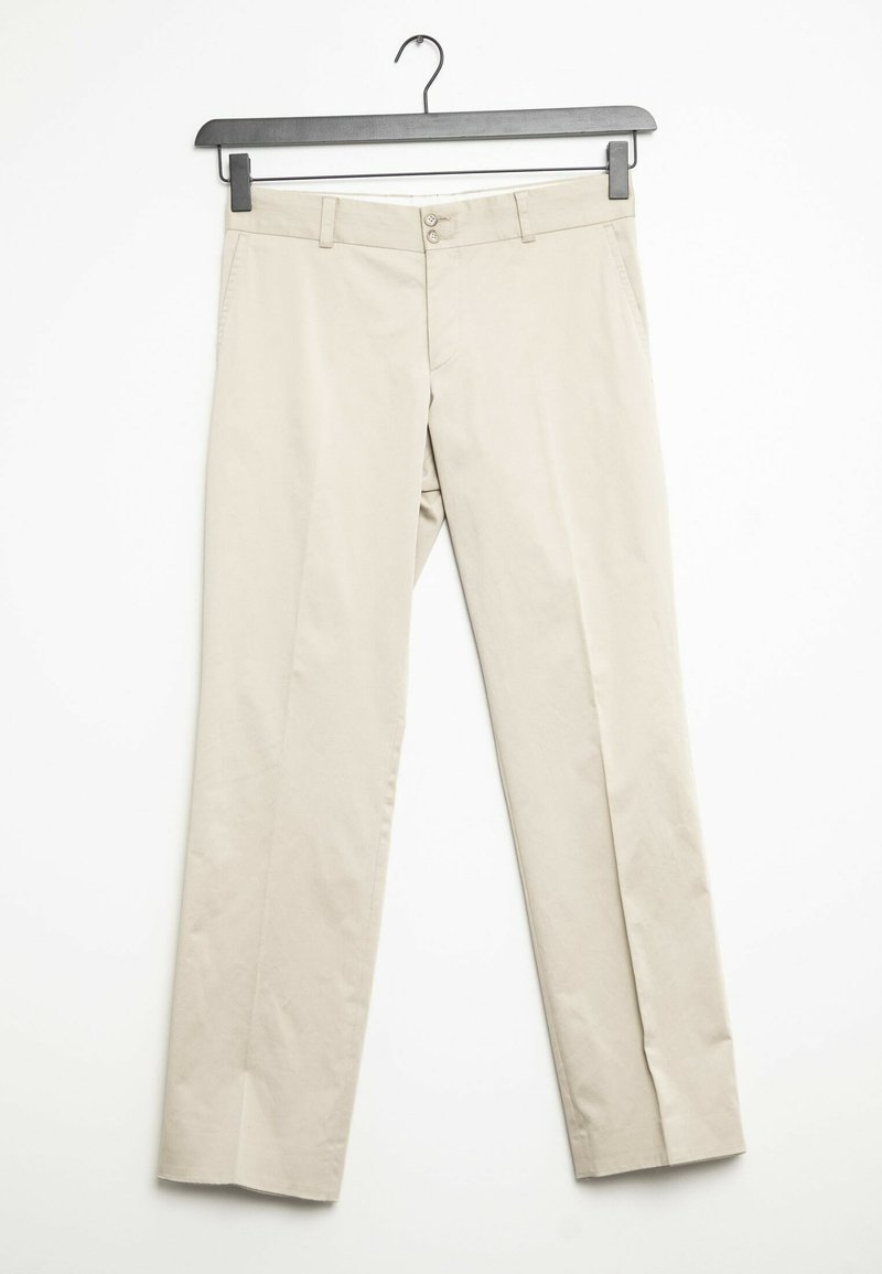 Vaaleat puuvillahousut suoran leikkauksen, joissa on vyötärö vyölenkeillä ja kaksi etutaskua. Kaksi napp closure vyötäisellä.