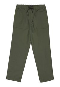 Spodnie w kolorze oliwkowej zieleni, wykonane z mieszanki bawełny, z elastycznym paskiem, sznurkiem do ściągania i dwoma dużymi przednimi kieszeniami. Charakteryzują się prostymi nogawkami i przeszyciami.
